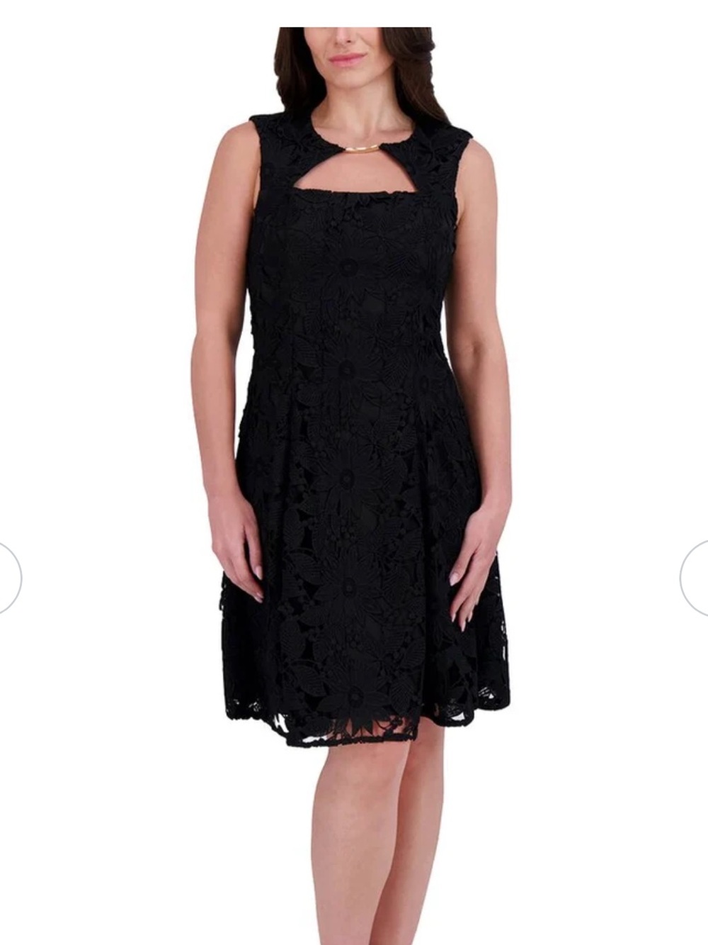 Kensie Black Floral Lace Midi Dress with Keyhole Accent